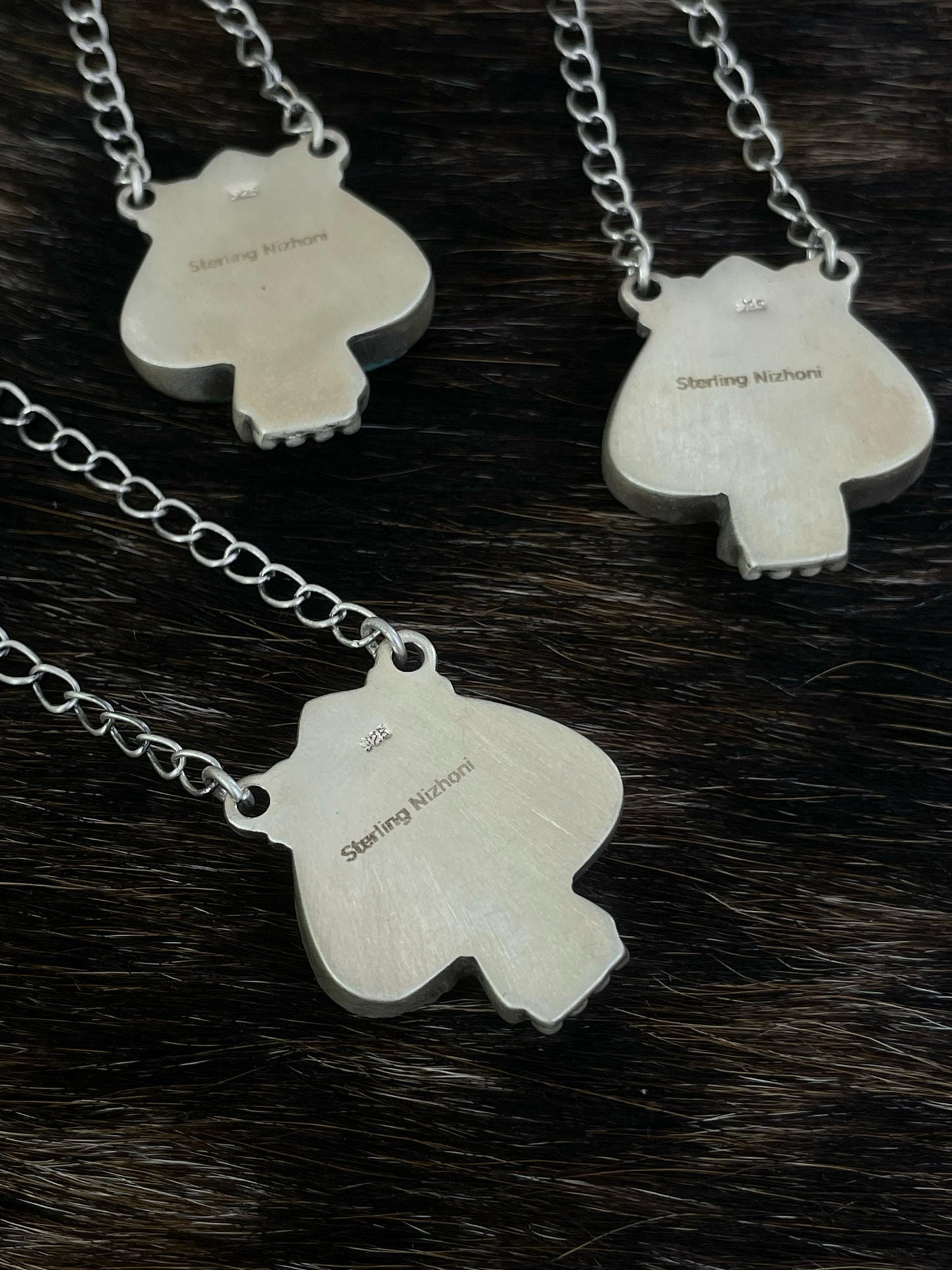 Handmade Sterling Silver White Buffalo, Kingman, Royston Turquoise Spade Necklace with Signed Nizhoni