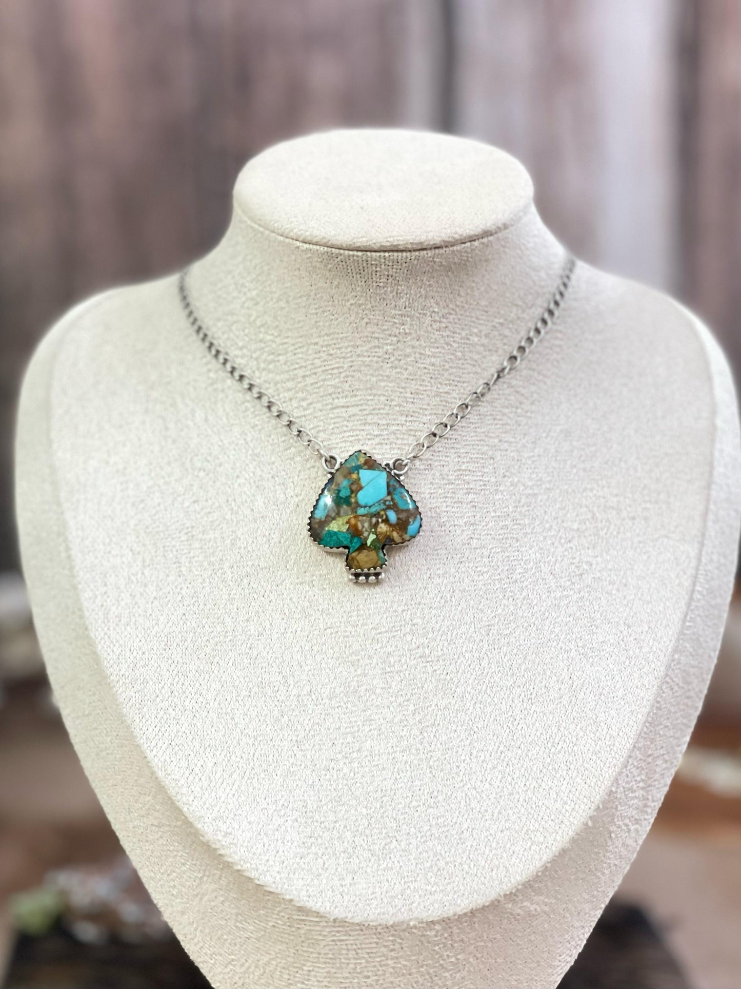 Handmade Sterling Silver White Buffalo, Kingman, Royston Turquoise Spade Necklace with Signed Nizhoni