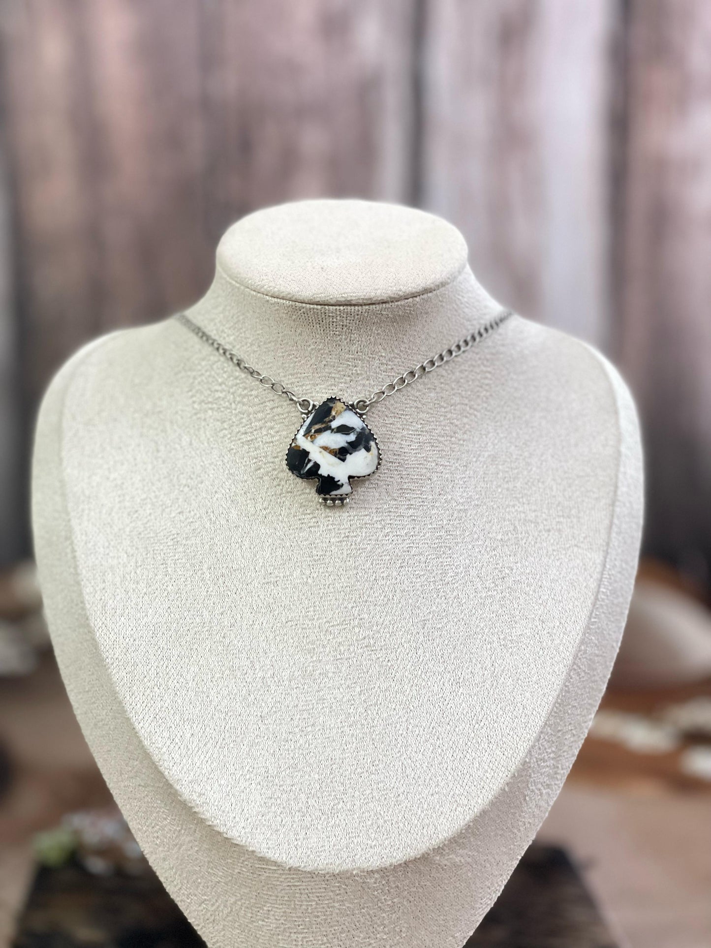 Handmade Sterling Silver White Buffalo, Kingman, Royston Turquoise Spade Necklace with Signed Nizhoni