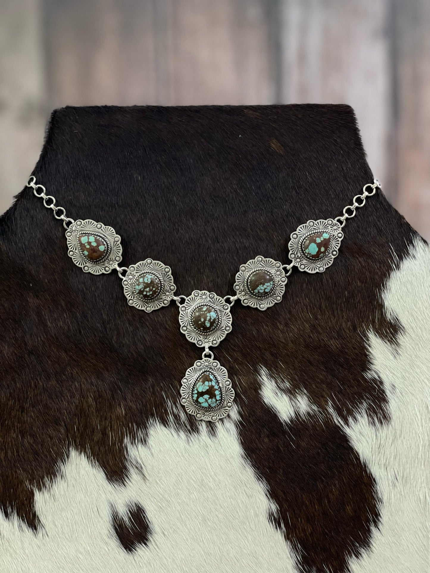 Handmade Sterling Silver Number 8 Turquoise Necklace with Signed Nizhoni