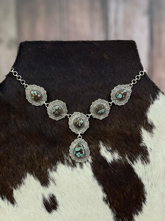 Handmade Sterling Silver Number 8 Turquoise Necklace with Signed Nizhoni