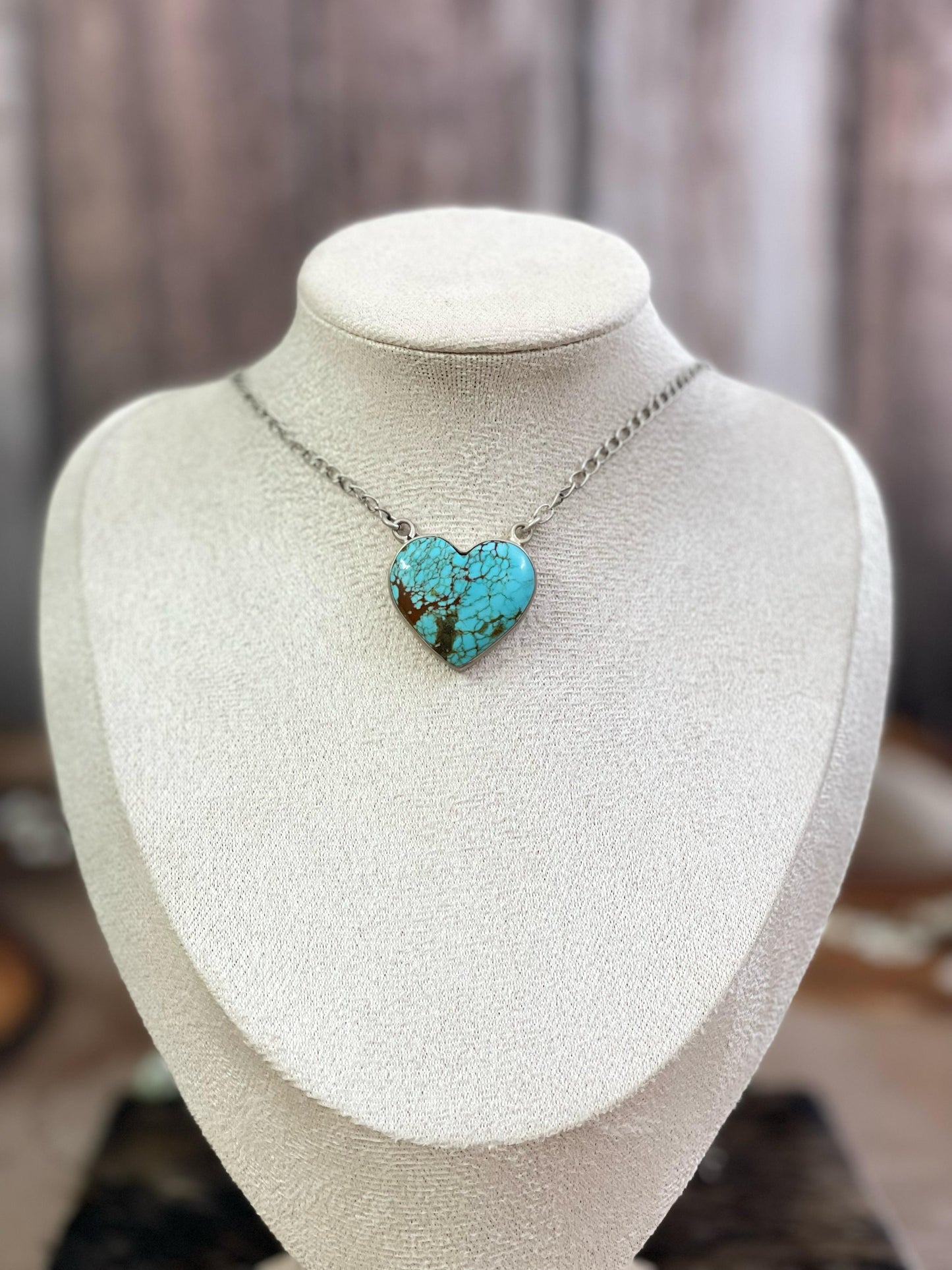 Handmade Sterling Silver Number 8 Turquoise Heart Necklace with Signed Nizhoni