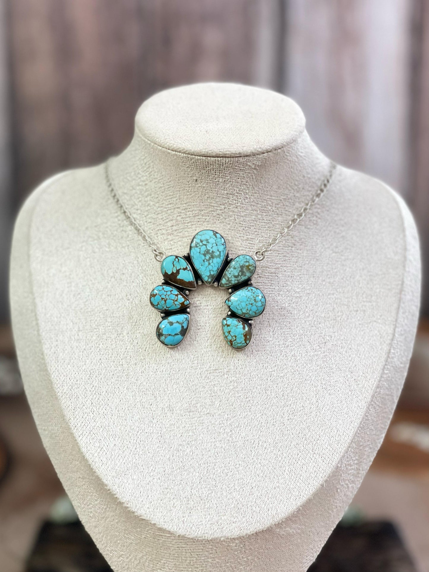 Handmade Sterling Silver Number 8 Turquoise Naja Necklace with Signed Nizhoni