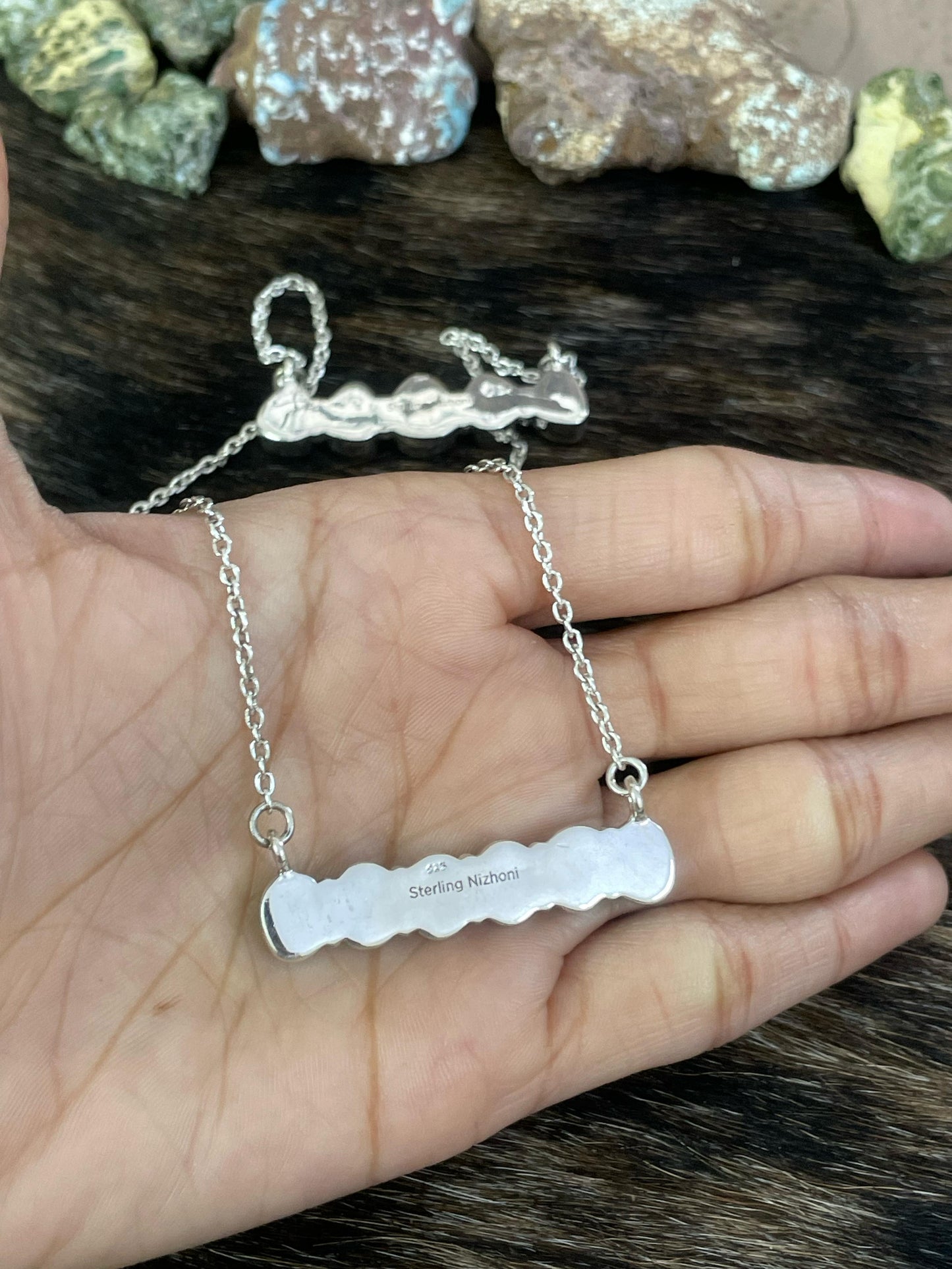 Handmade Sterling Silver Number 8 Turquoise Bar Necklace with Signed Nizhoni