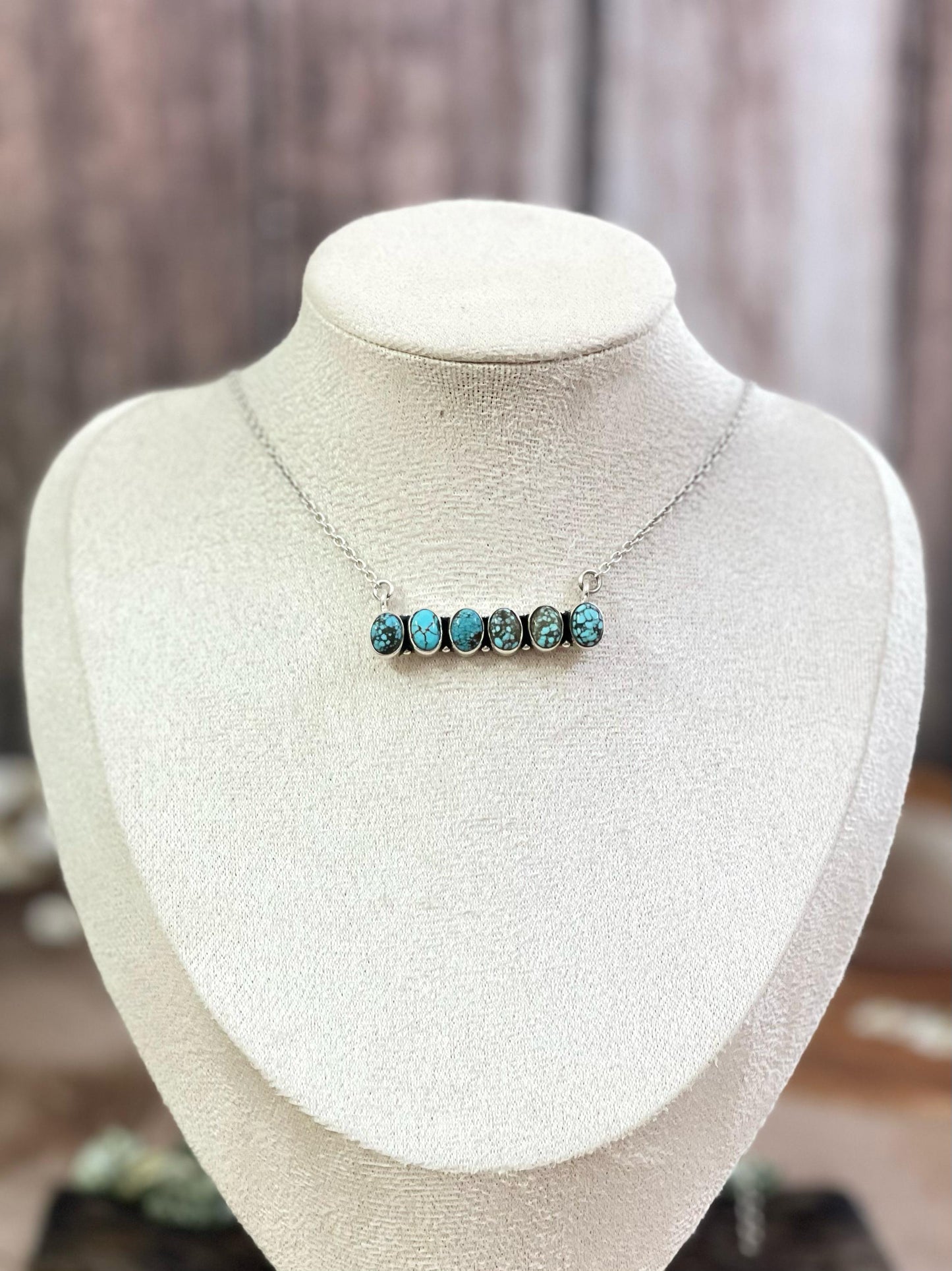 Handmade Sterling Silver Number 8 Turquoise Bar Necklace with Signed Nizhoni