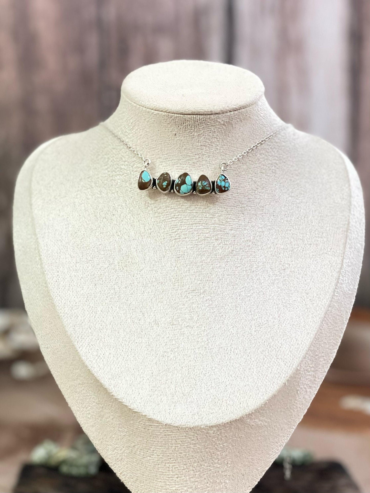 Handmade Sterling Silver Number 8 Turquoise Bar Necklace with Signed Nizhoni