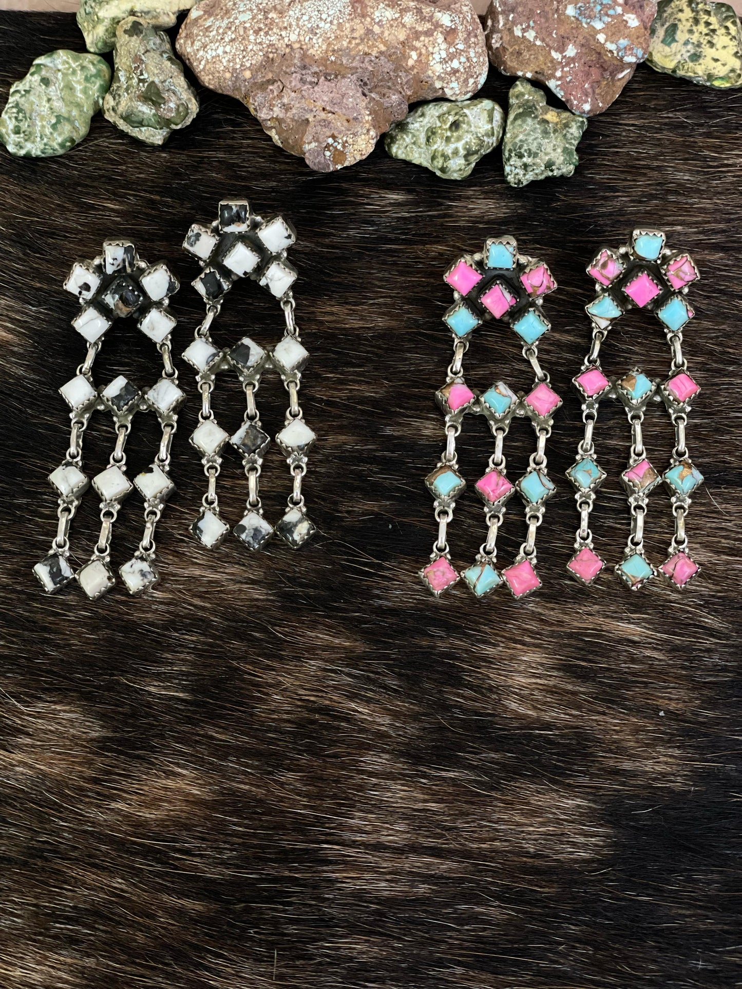 Handmade Sterling Silver Cotton Candy, White Buffalo Post Earrings with Signed Nizhoni