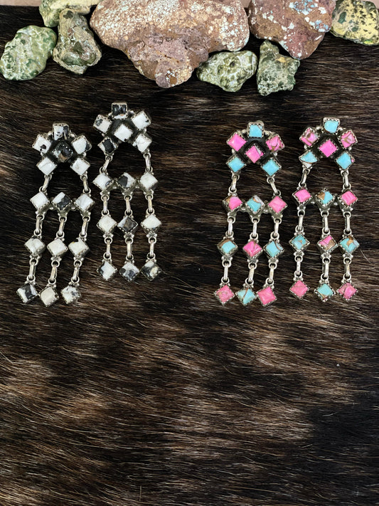 Handmade Sterling Silver Cotton Candy, White Buffalo Post Earrings with Signed Nizhoni
