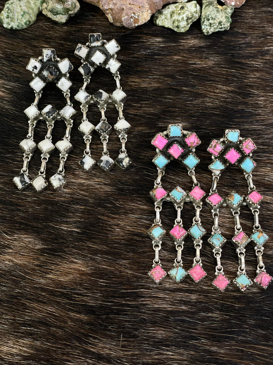 Handmade Sterling Silver Cotton Candy, White Buffalo Post Earrings with Signed Nizhoni