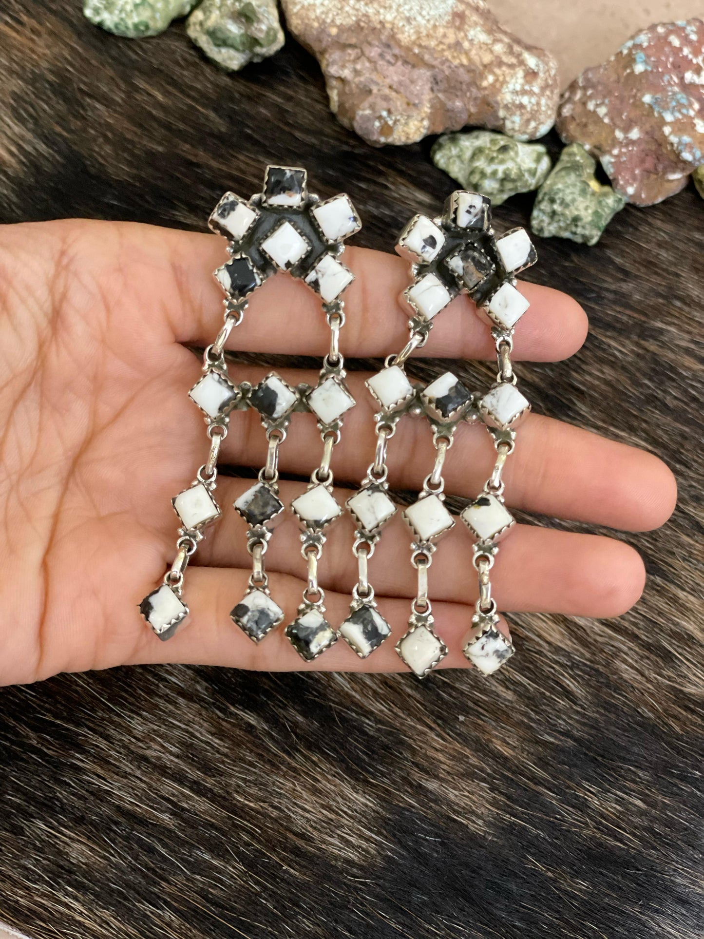 Handmade Sterling Silver Cotton Candy, White Buffalo Post Earrings with Signed Nizhoni