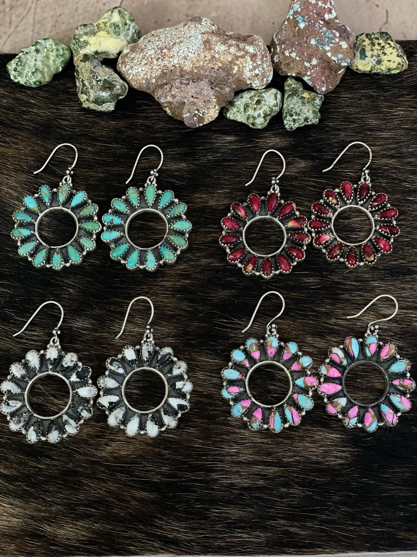Handmade Sterling Silver Cotton Candy, Red Rose Dahlia, White Buffalo, Kingman Turquoise Circle Dangle Earrings with Signed Nizhoni