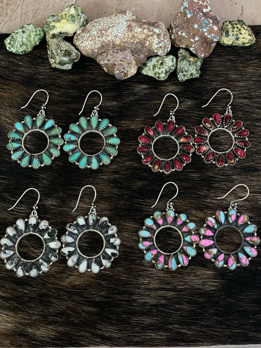 Handmade Sterling Silver Cotton Candy, Red Rose Dahlia, White Buffalo, Kingman Turquoise Circle Dangle Earrings with Signed Nizhoni