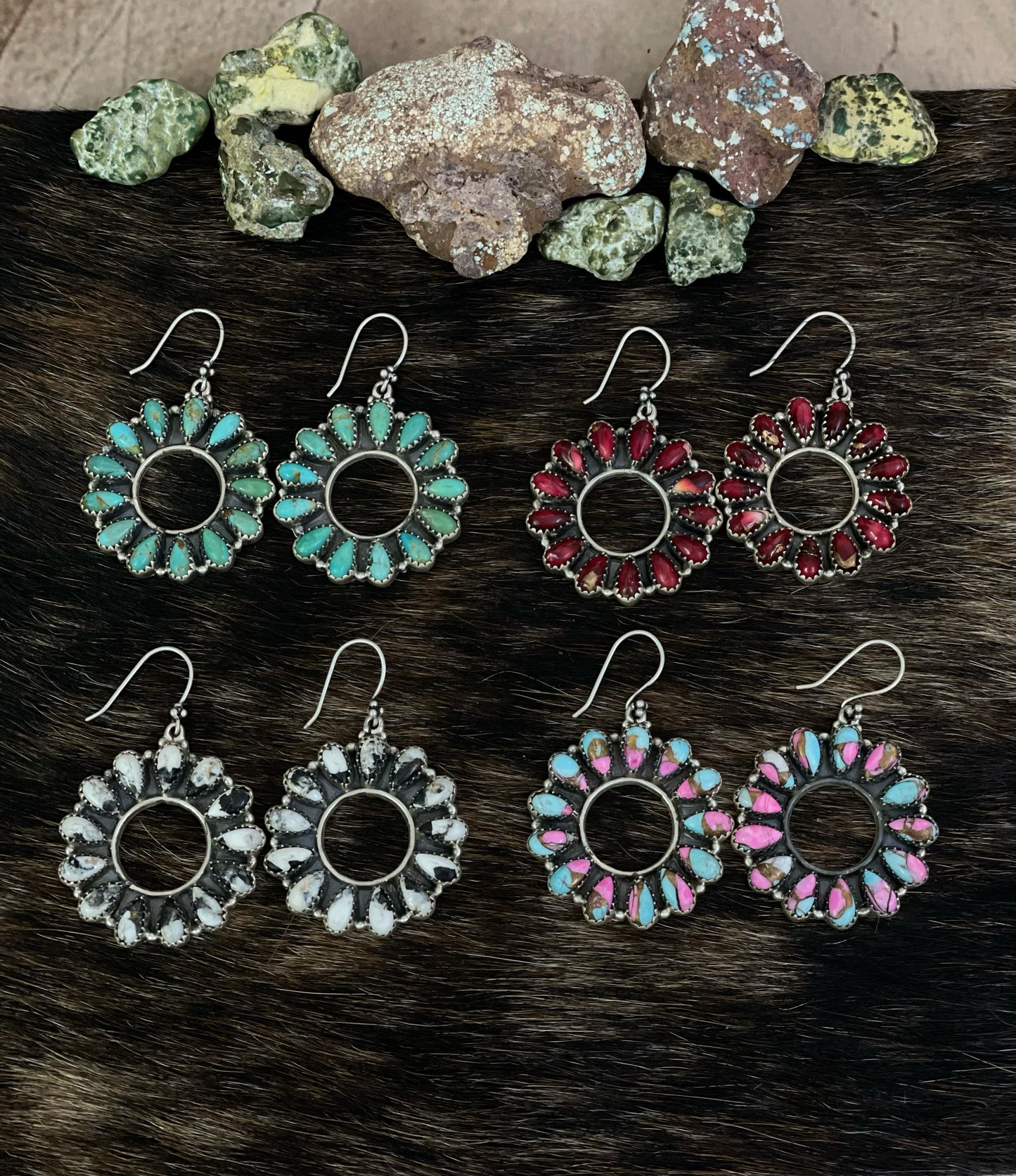 Handmade Sterling Silver Cotton Candy, Red Rose Dahlia, White Buffalo, Kingman Turquoise Circle Dangle Earrings with Signed Nizhoni