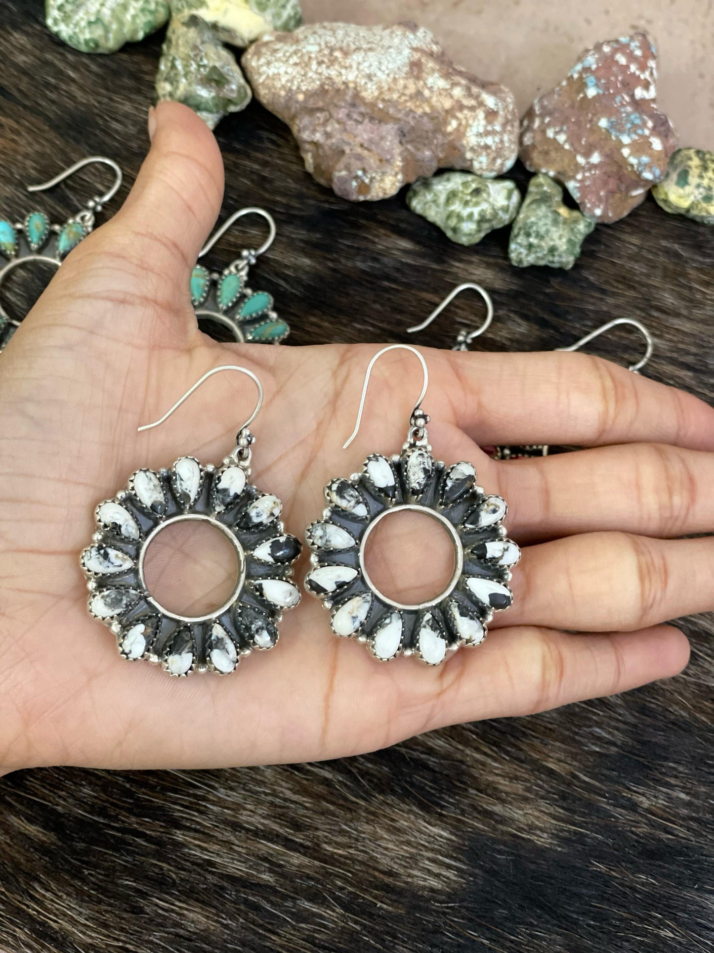 Handmade Sterling Silver Cotton Candy, Red Rose Dahlia, White Buffalo, Kingman Turquoise Circle Dangle Earrings with Signed Nizhoni