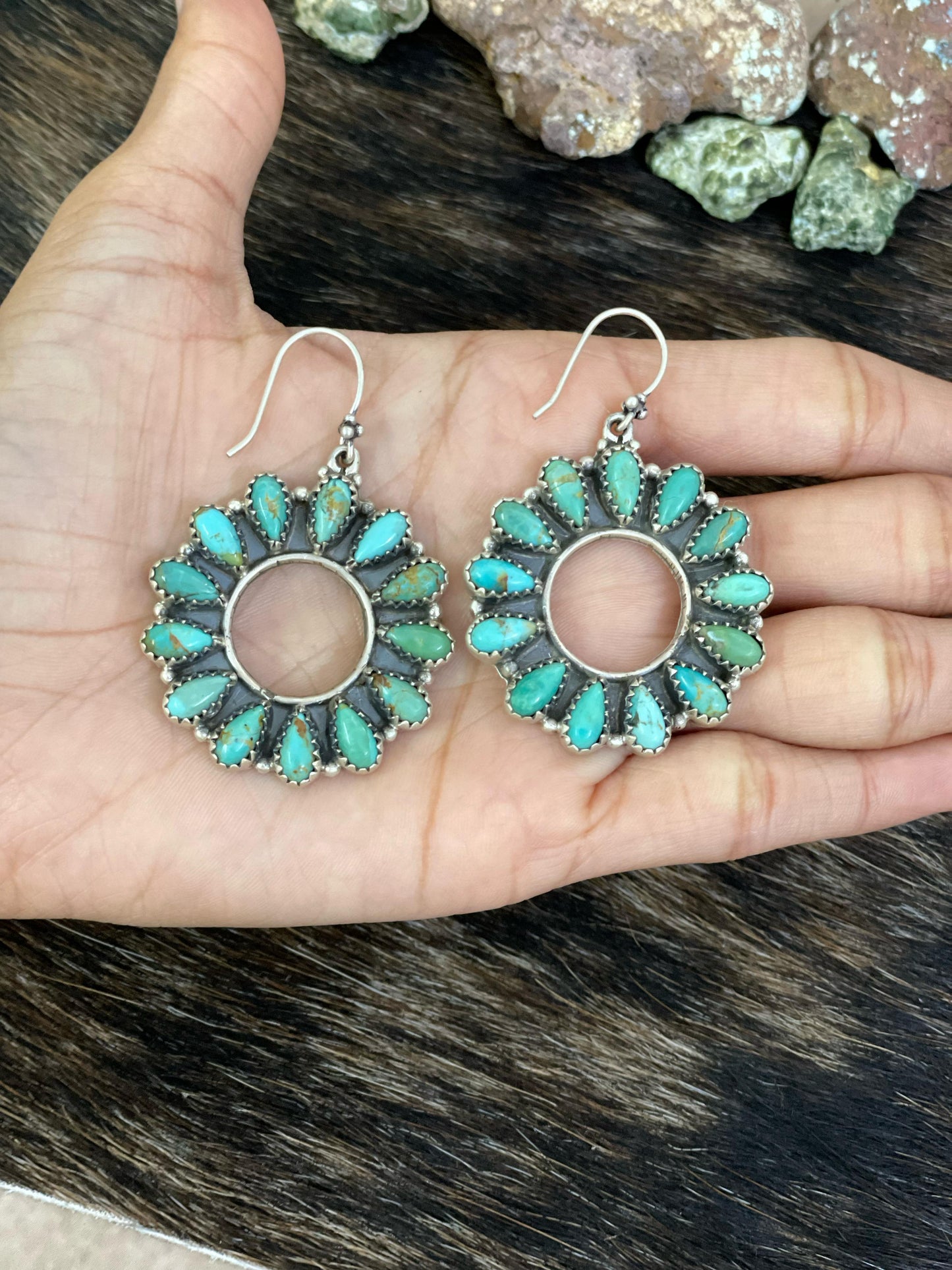 Handmade Sterling Silver Cotton Candy, Red Rose Dahlia, White Buffalo, Kingman Turquoise Circle Dangle Earrings with Signed Nizhoni