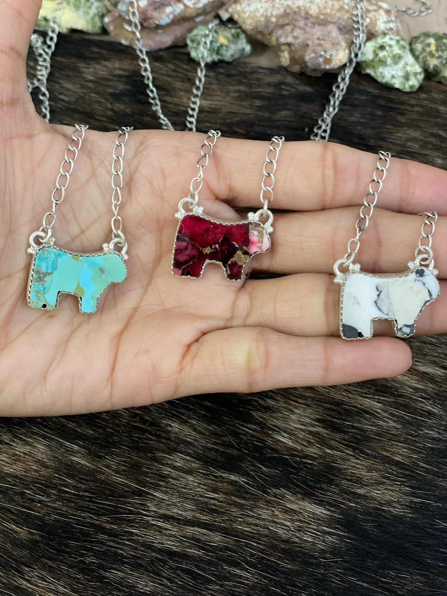 Handmade Sterling Silver Multi Gemstone Bull Necklace with Signed Nizhoni