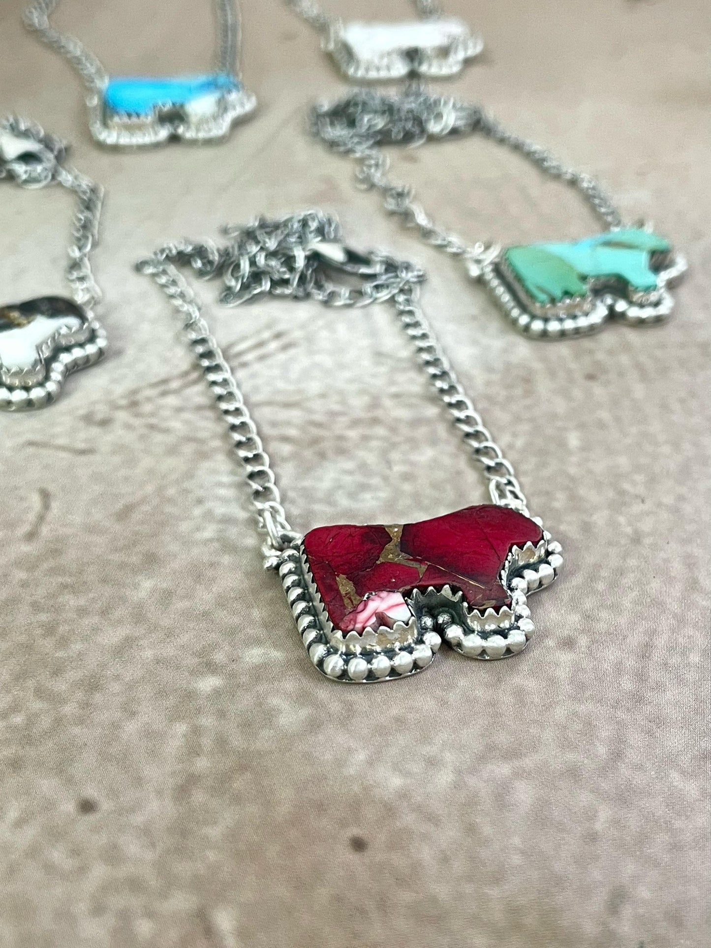 Handmade Sterling Silver Multi Gemstone Bull Necklace with Signed Nizhoni