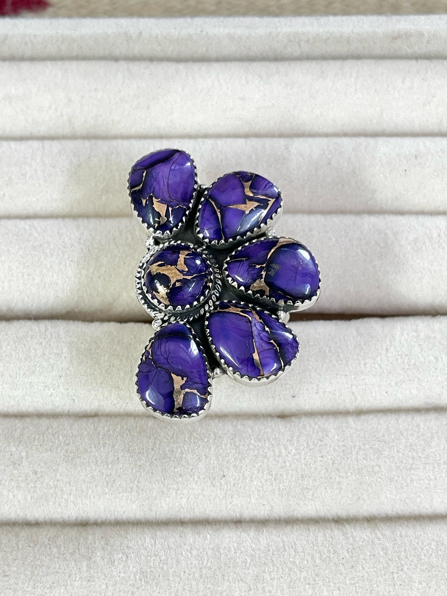 Handmade Sterling Silver Grape Dahlia Adjustable Crescent Ring with Signed Nizhoni
