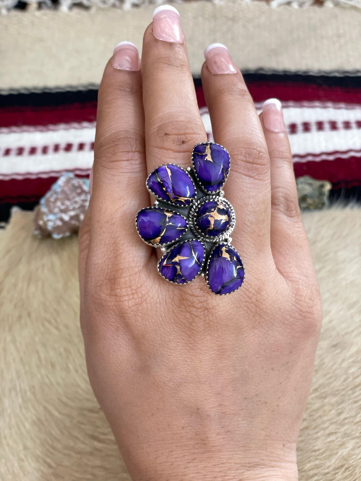 Handmade Sterling Silver Grape Dahlia Adjustable Crescent Ring with Signed Nizhoni
