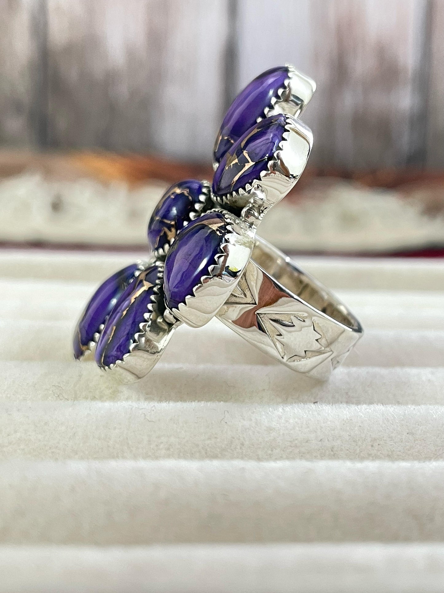 Handmade Sterling Silver Grape Dahlia Adjustable Crescent Ring with Signed Nizhoni