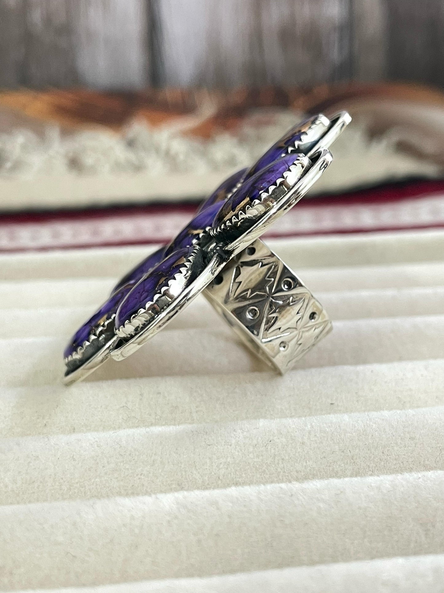 Handmade Sterling Silver Grape Dahlia Adjustable Ring with Signed Nizhoni