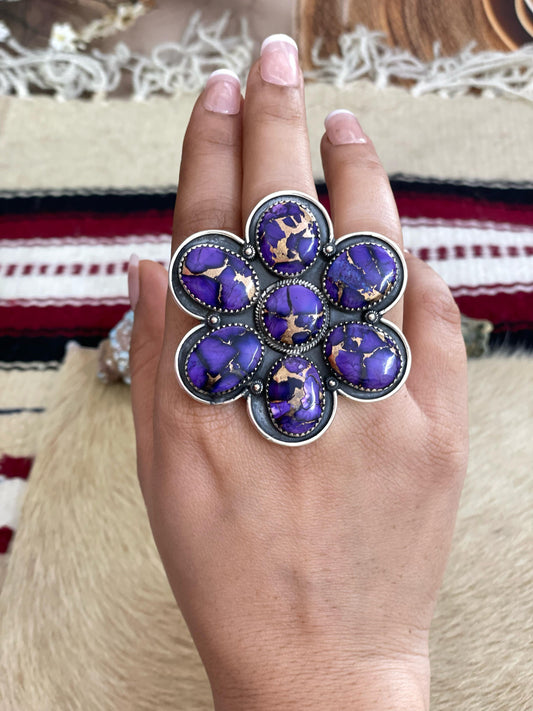 Handmade Sterling Silver Grape Dahlia Adjustable Ring with Signed Nizhoni