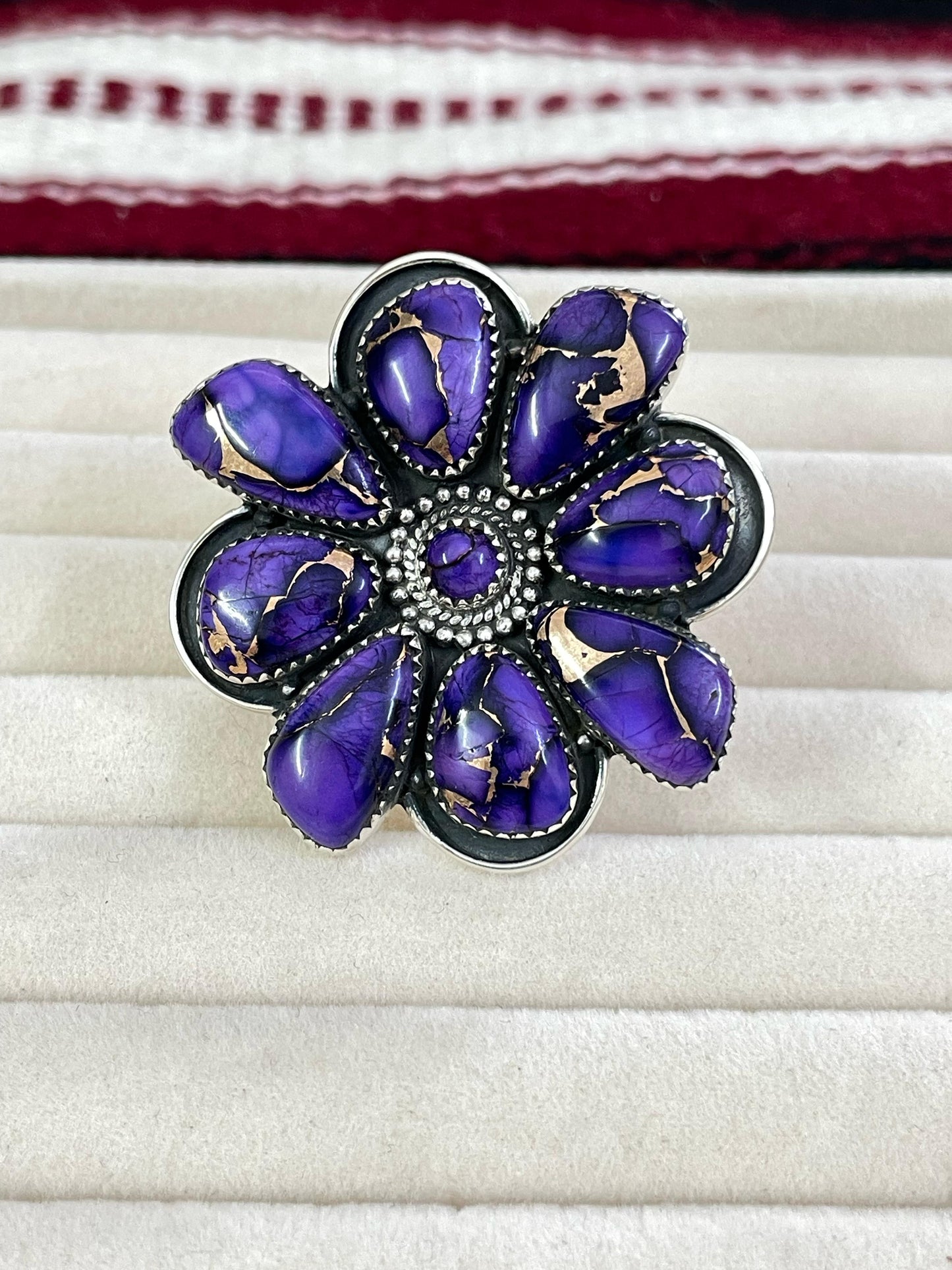 Handmade Sterling Silver Grape Dahlia Adjustable Ring with Signed Nizhoni