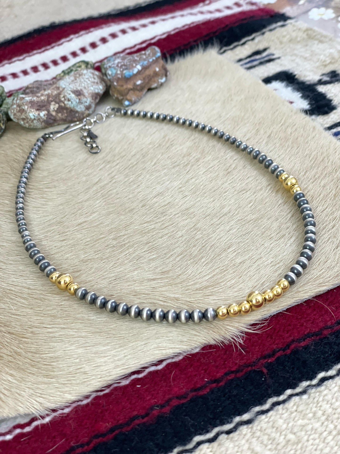 Handmade Sterling Silver with 14K Gold Beads Necklace 18”
