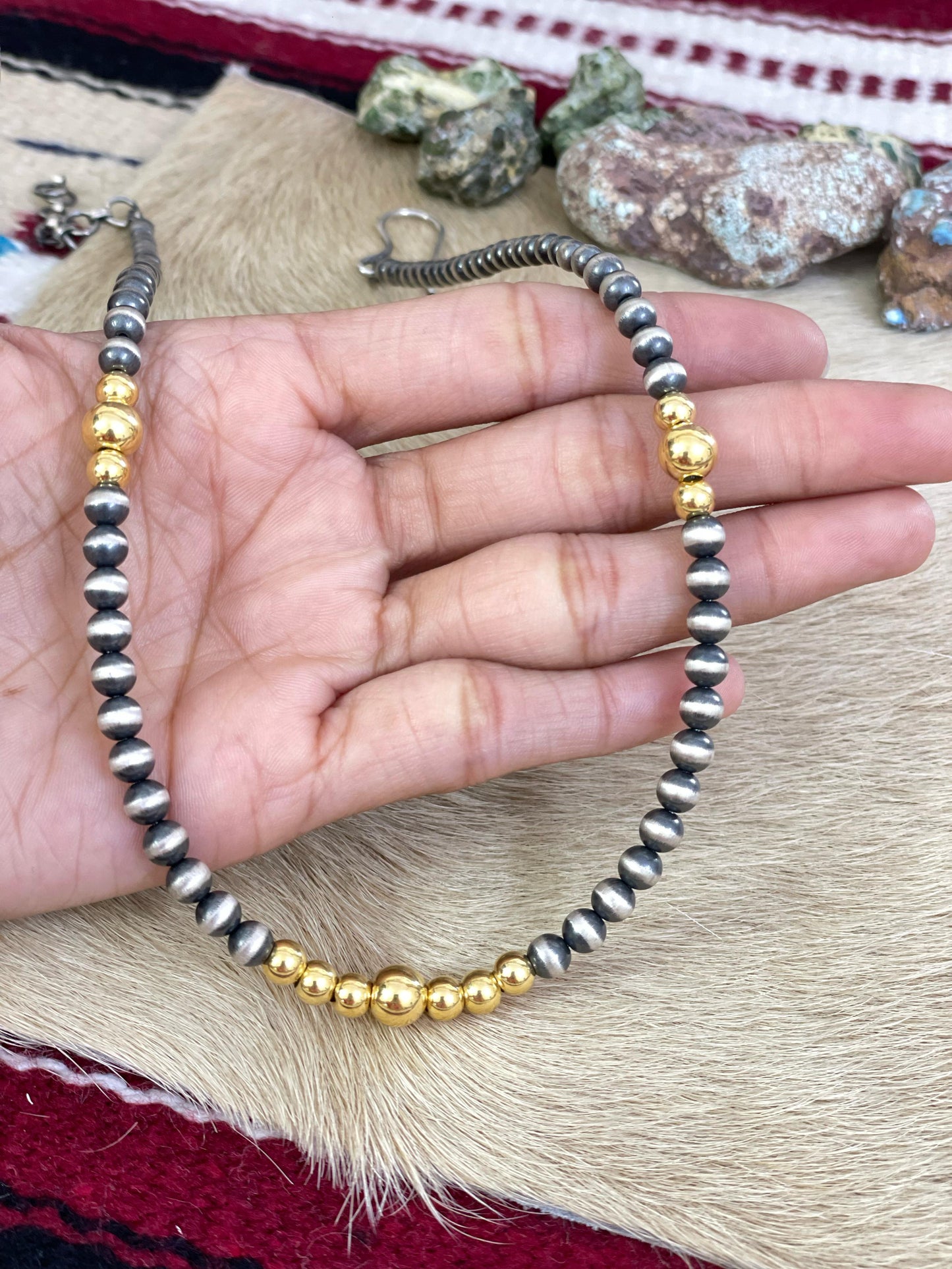 Handmade Sterling Silver with 14K Gold Beads Necklace 18”