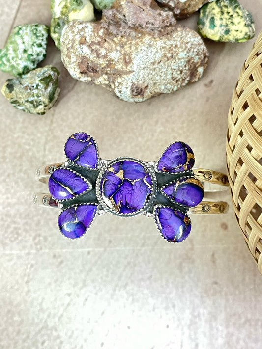 Handmade Sterling Silver Grape Dahlia Cuff Bracelet with Signed Nizhoni