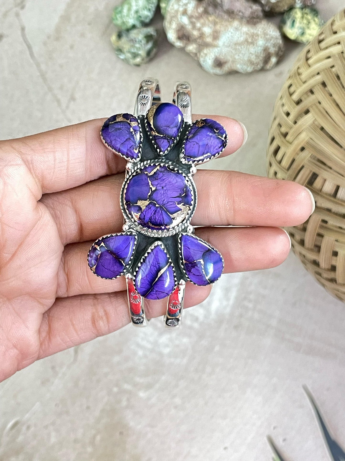 Handmade Sterling Silver Grape Dahlia Cuff Bracelet with Signed Nizhoni