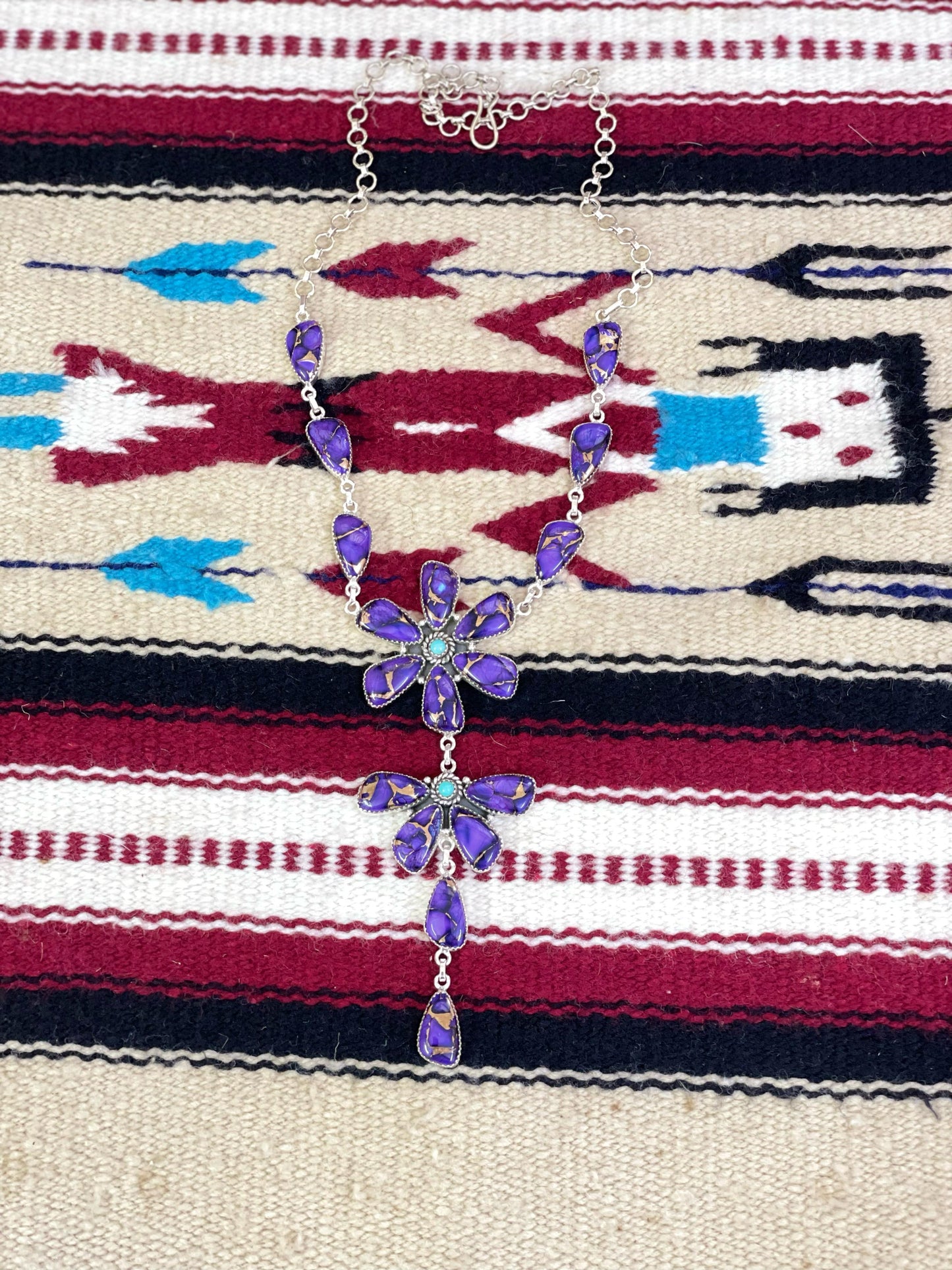 Handmade Sterling Silver Grape Dahlia with Kingman Turquoise Necklace with Signed Nizhoni