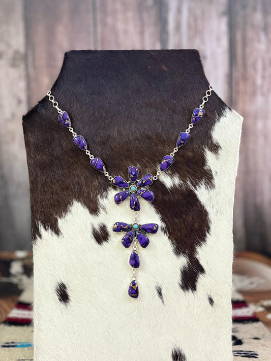 Handmade Sterling Silver Grape Dahlia with Kingman Turquoise Necklace with Signed Nizhoni