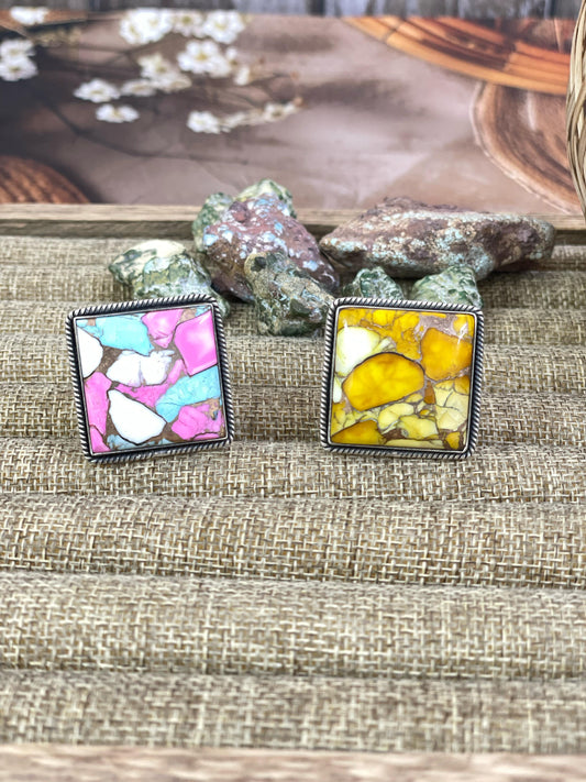 Handmade Sterling Silver Cotton Candy, Honey Dahlia Adjustable Ring with Signed Nizhoni