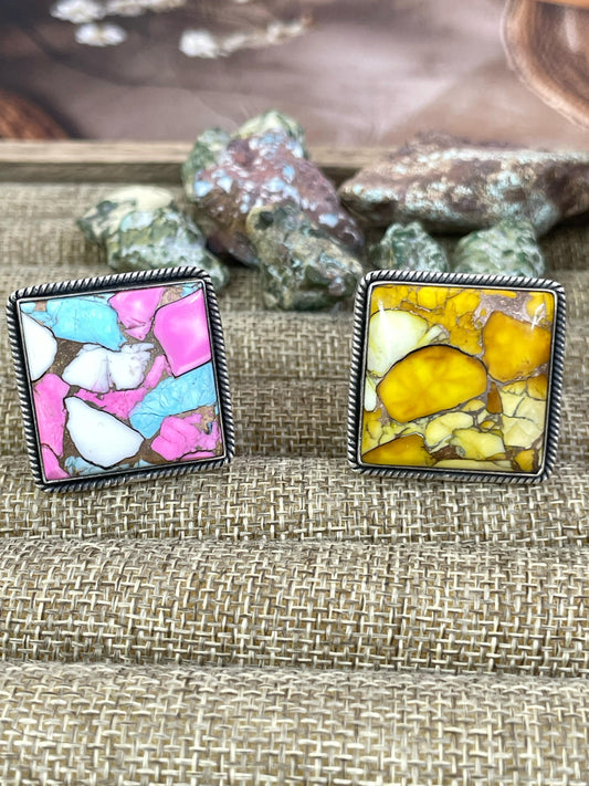 Handmade Sterling Silver Cotton Candy, Honey Dahlia Adjustable Ring with Signed Nizhoni