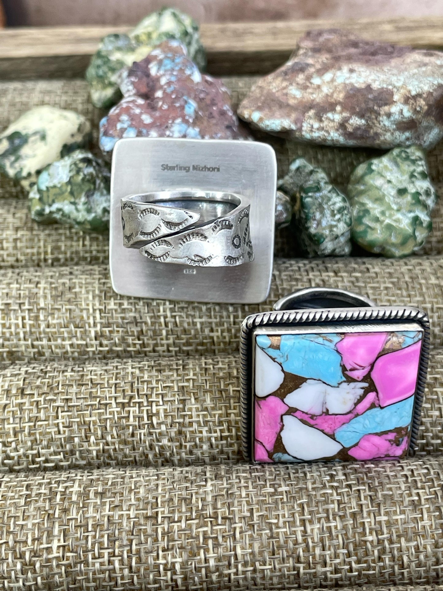 Handmade Sterling Silver Cotton Candy, Honey Dahlia Adjustable Ring with Signed Nizhoni