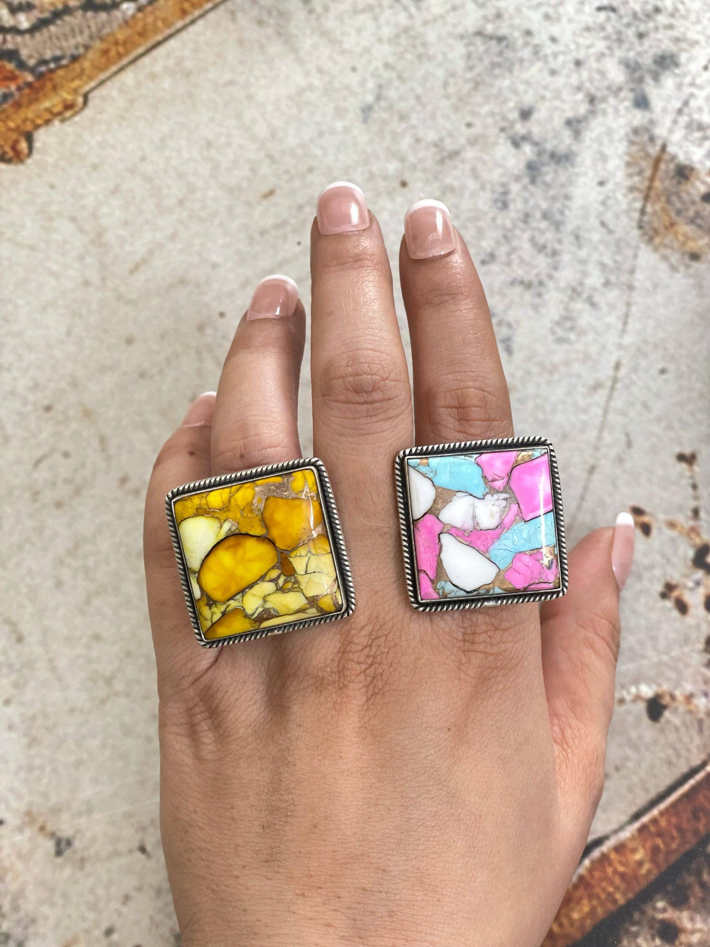 Handmade Sterling Silver Cotton Candy, Honey Dahlia Adjustable Ring with Signed Nizhoni