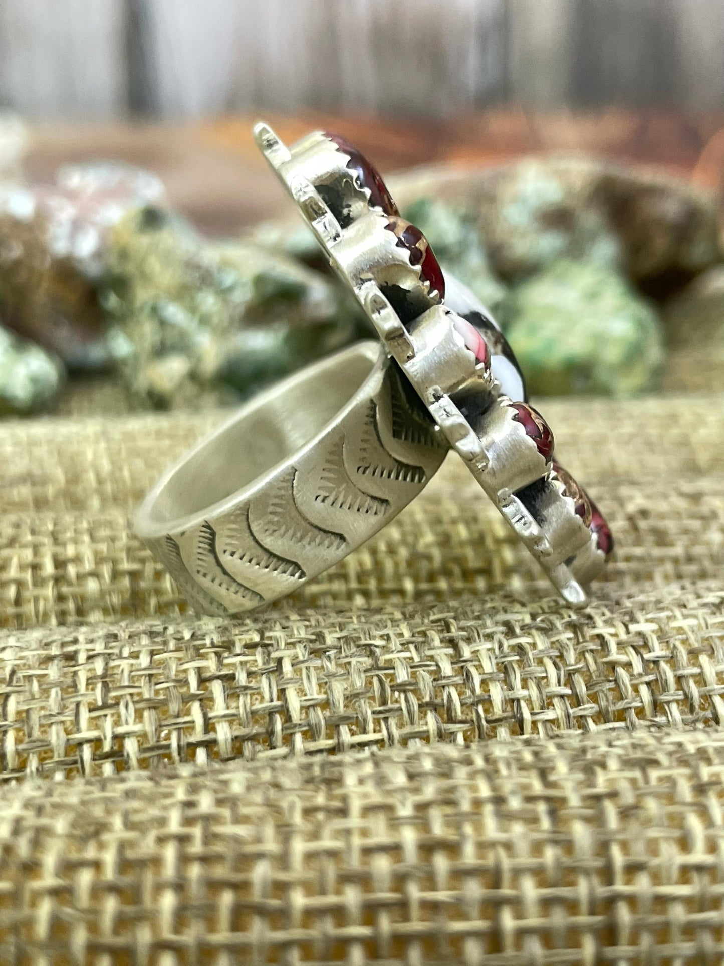 Handmade Sterling Silver White Buffalo Turquoise, Dahlia Rose Adjustable Ring with Signed Nizhoni
