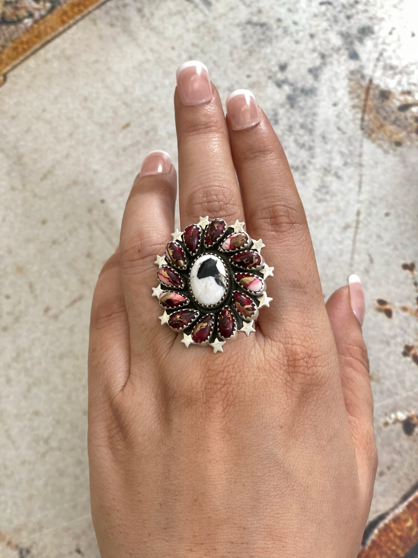 Handmade Sterling Silver White Buffalo Turquoise, Dahlia Rose Adjustable Ring with Signed Nizhoni