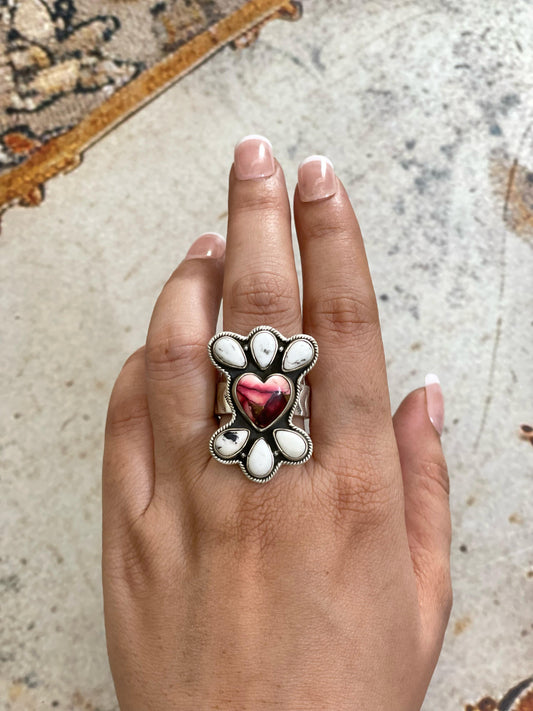 Handmade Sterling Silver Dahlia Rose with White Buffalo Turquoise Adjustable Ring, Signed Nizhoni