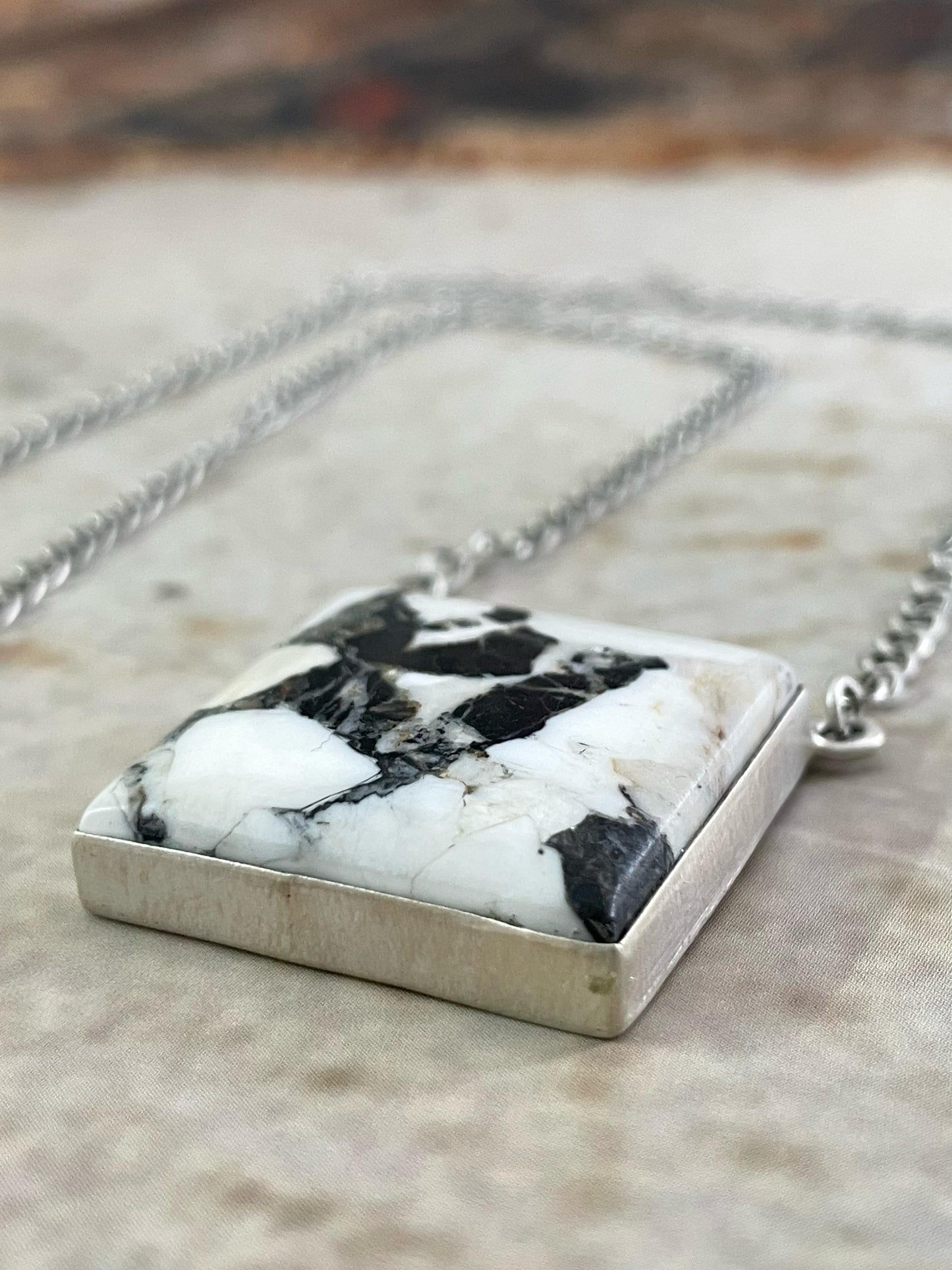Handmade Sterling Silver White Buffalo Turquoise Necklace with Signed Nizhoni