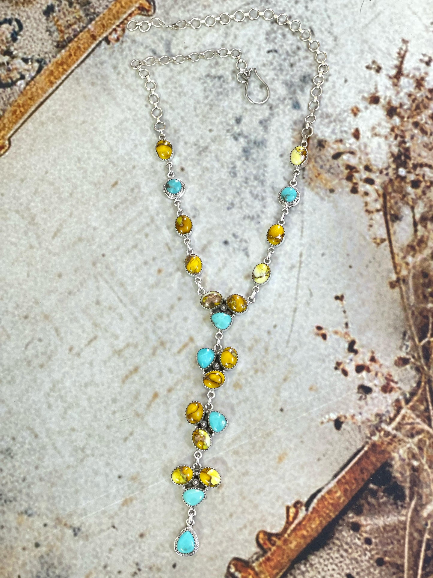 Handmade Sterling Silver Honey Dahlia with Kingman Turquoise Necklace with Signed Nizhoni
