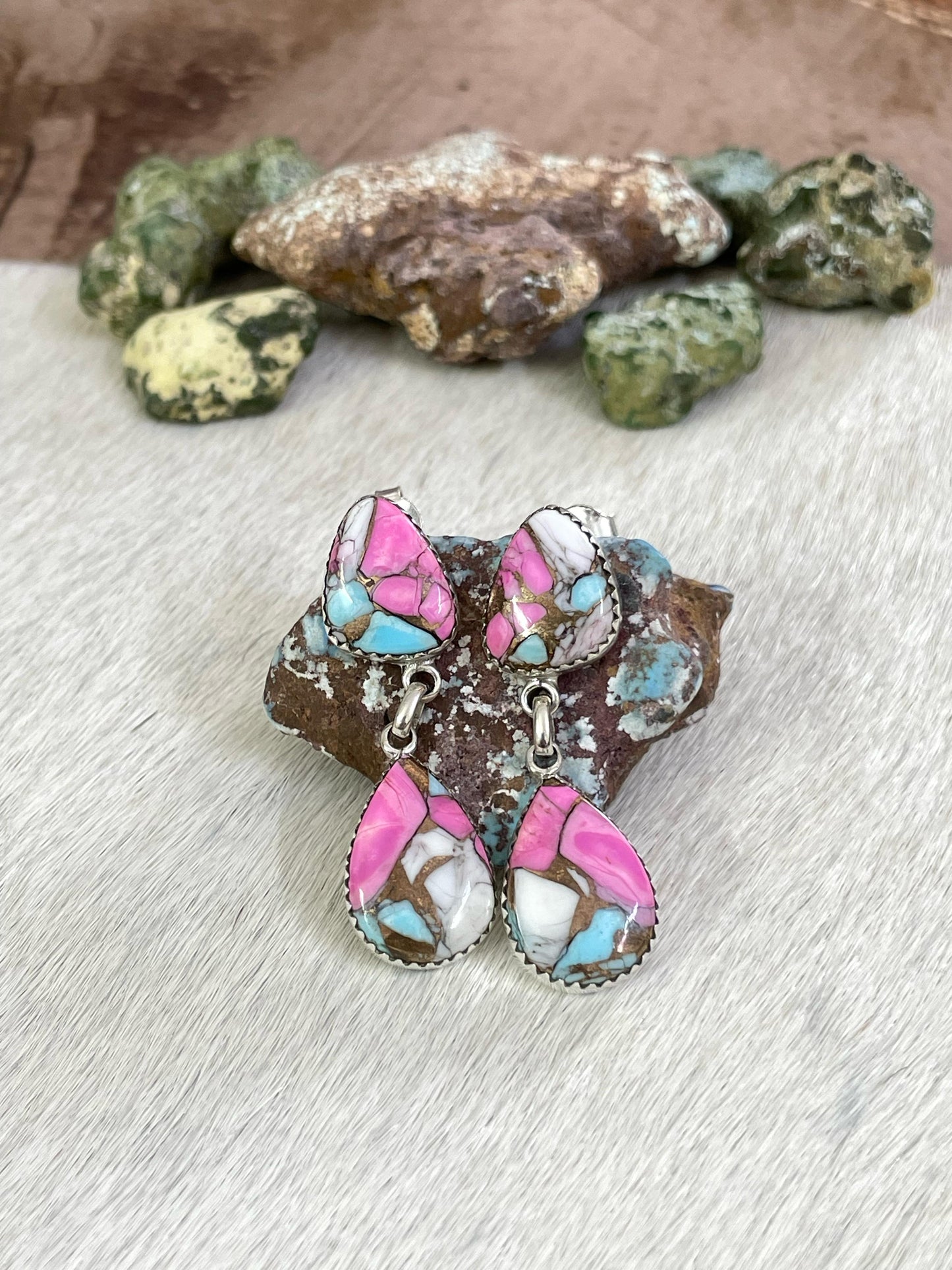 Handmade Sterling Silver Cotton Candy Turquoise Post Earrings with Signed Nizhoni