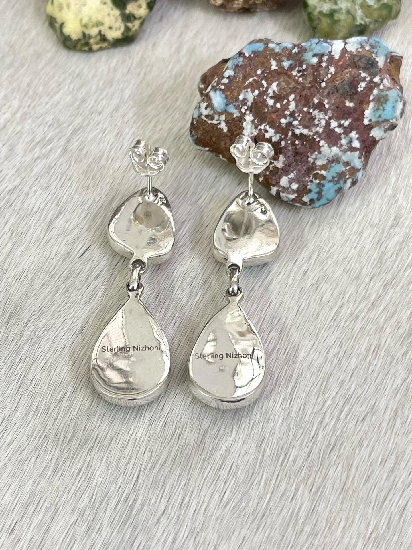 Handmade Sterling Silver Cotton Candy Turquoise Post Earrings with Signed Nizhoni