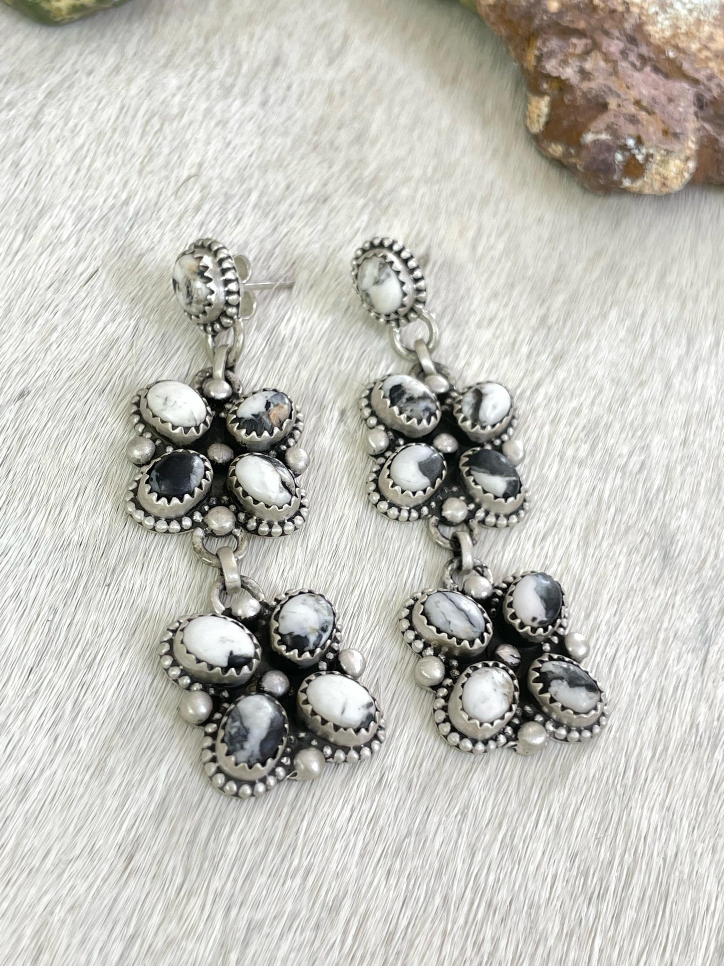 Handmade Sterling Silver White Buffalo Turquoise Post Earrings with Signed Nizhoni