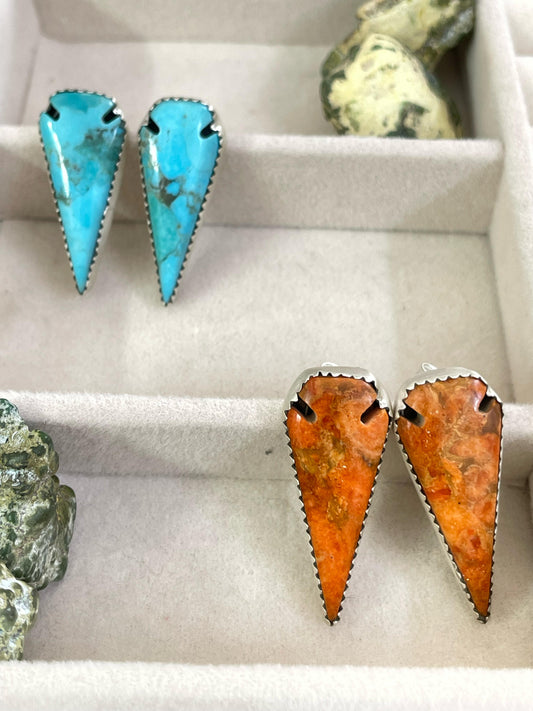 Handmade Sterling Silver Kingman and Orange Mojave Turquoise Post Earrings with Signed Nizhoni