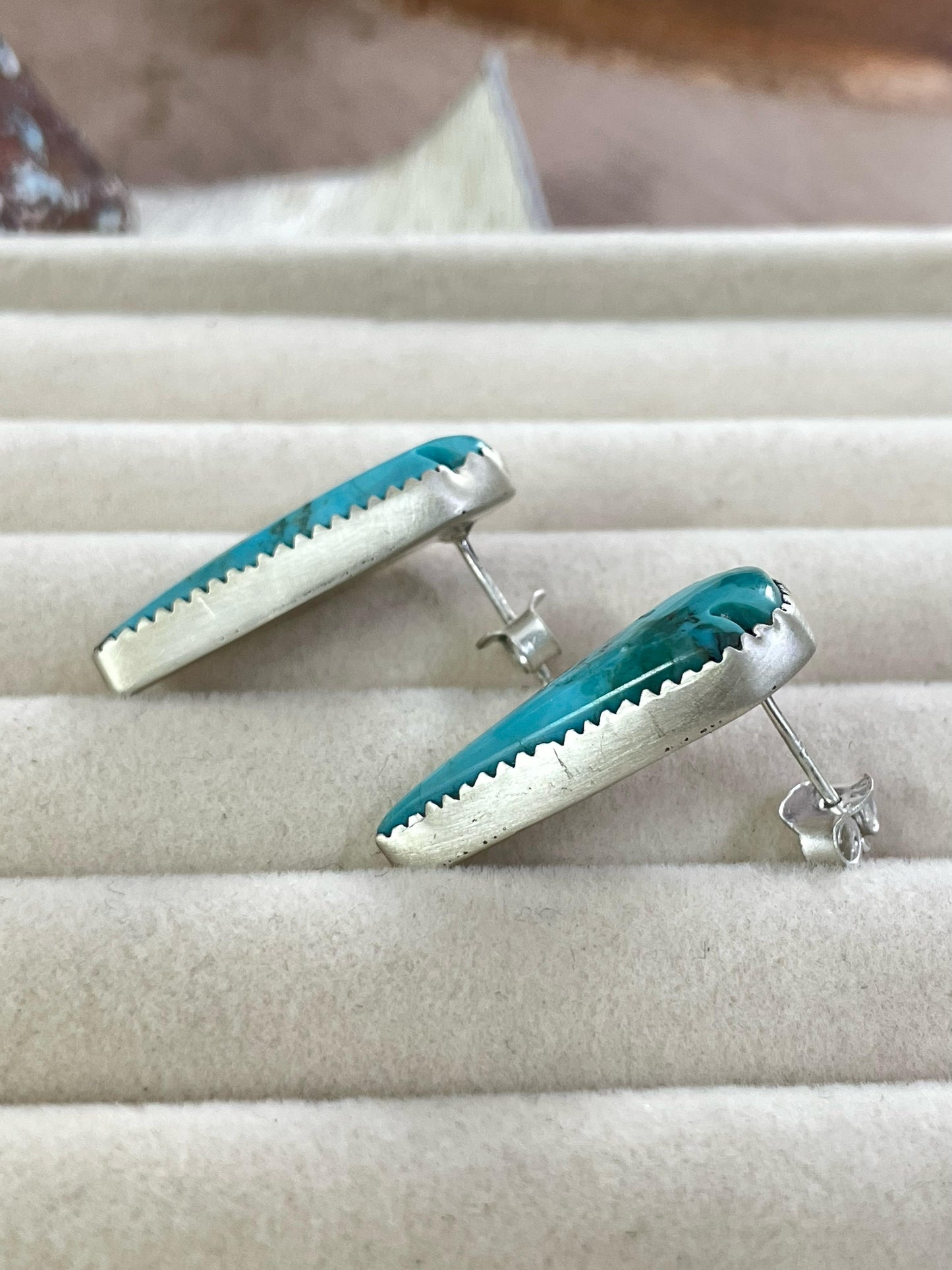 Handmade Sterling Silver Kingman and Orange Mojave Turquoise Post Earrings with Signed Nizhoni