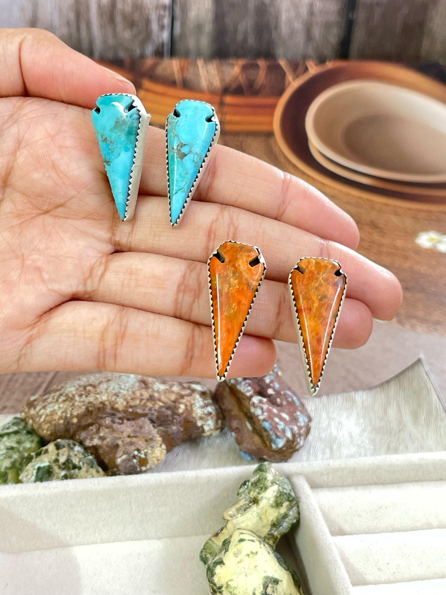Handmade Sterling Silver Kingman and Orange Mojave Turquoise Post Earrings with Signed Nizhoni
