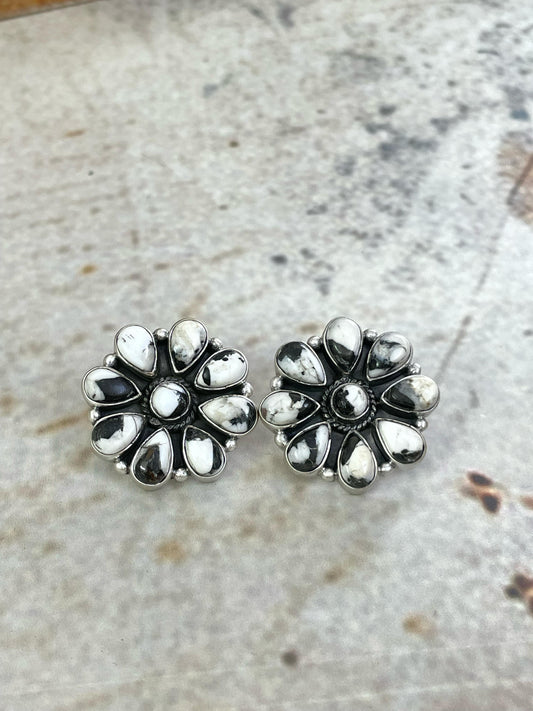 Handmade Sterling Silver White Buffalo Post Earrings with Signed Nizhoni