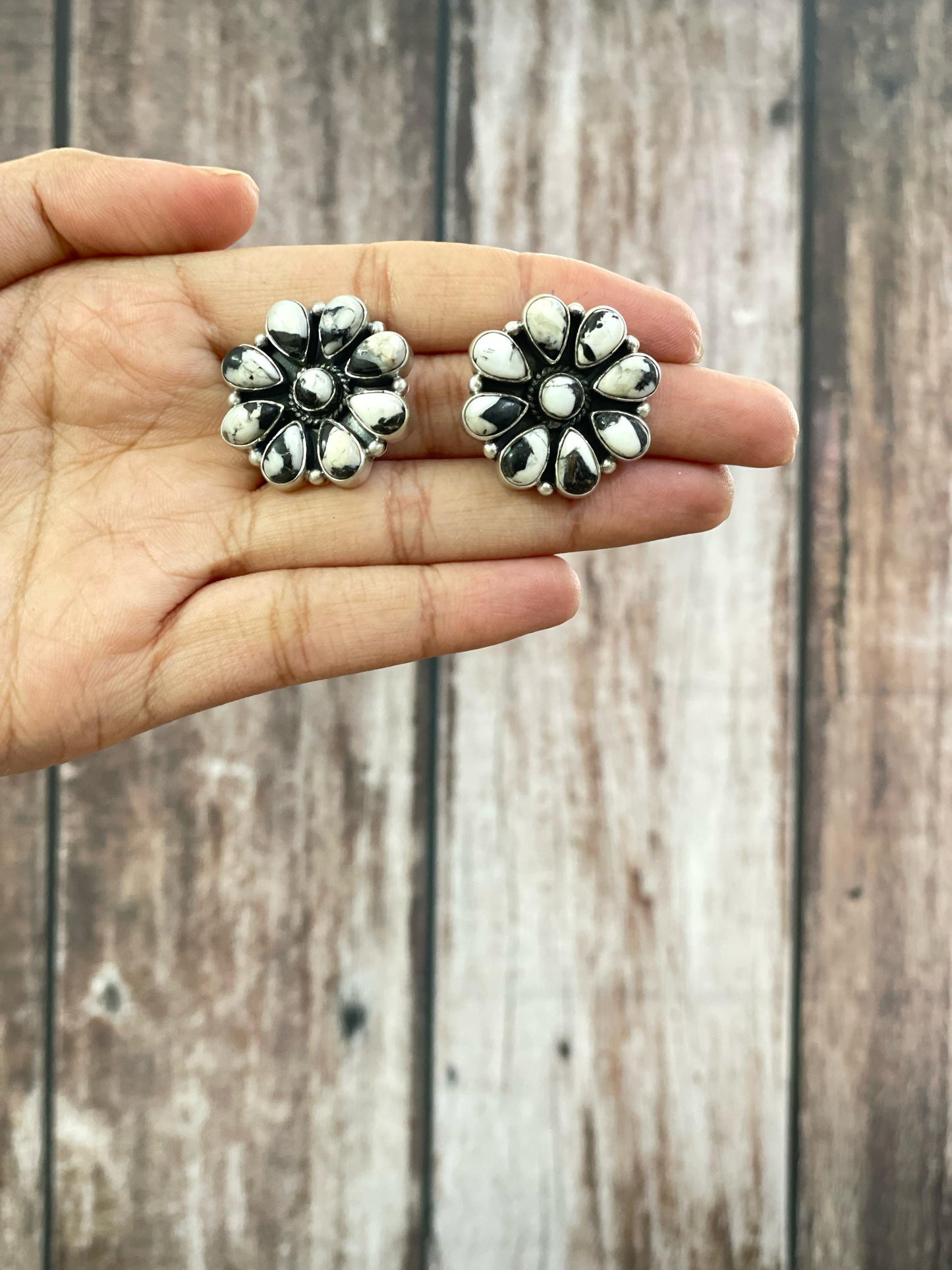Handmade Sterling Silver White Buffalo Post Earrings with Signed Nizhoni